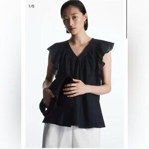 COS Flutter Sleeve Stretch Cotton Sleeveless Blouse – Dark Blue – Size US 6